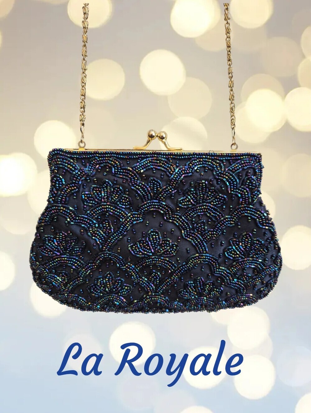 La Royale Womens Beaded Evening Bag Cross Body Gold Tone Chain Blue Fabric